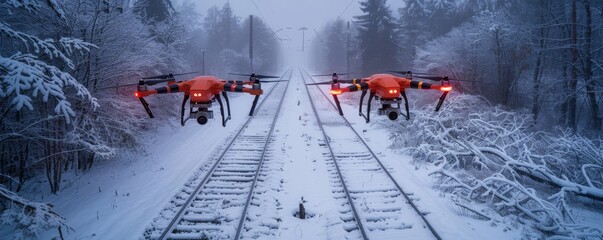 High-resolution drone in snow-covered urban landscape on train tracks