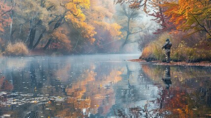 A lone fisherman casts his line into a quiet river. The water is still and misty, reflecting the colorful foliage of the surrounding forest. The air is calm and serene, perfect for a day of fishing.