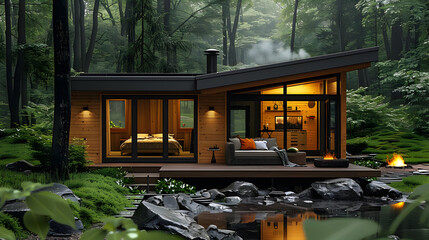 Canvas Print - Modern Cabin in the Woods 3D Illustration