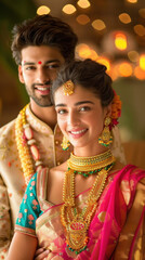 Canvas Print - indian luxury beautiful young couple wearing traditional wear, light Bokeh background, happy expression on her face