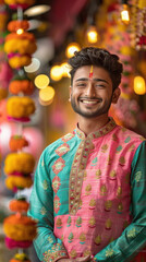 Sticker - Young indian man smiling in traditional attire on diwali festival