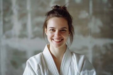 A smiling young woman dressed in a martial arts gi stands confidently against a neutral background, showcasing her joy and pride.