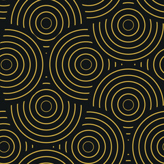 art deco golden overlapping circles in line art style seamless pattern on black background. for wall