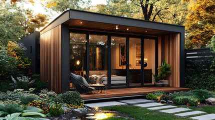 Poster - Modern Wooden Cabin with Deck and Garden - 3D Illustration