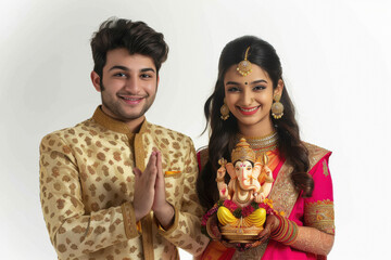 Wall Mural - Young indian couple holding lord ganesha sculpture