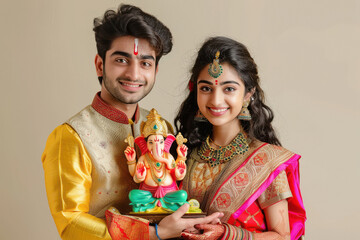 Poster - Young indian couple holding lord ganesha sculpture