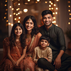 Canvas Print - indian family in traditional attire sitting together on diwali festival