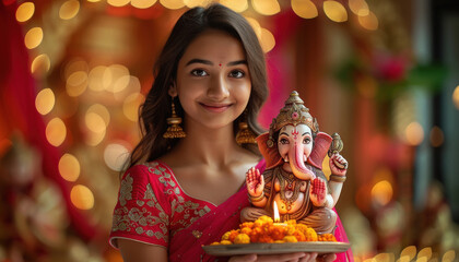 Sticker - Young indian woman holding lord ganesha sculpture.