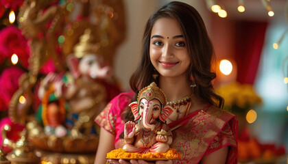 Sticker - Young indian woman holding lord ganesha sculpture.