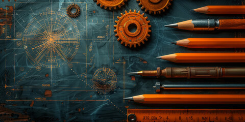 Inventive back-to-school background, creative geometric shapes and symbols, engineering gears and blueprints, innovative layout