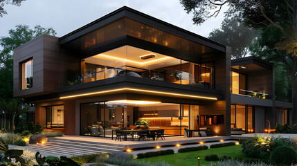 Sticker - Modern House 3D Render - Night Time Exterior