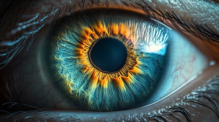 Wall Mural - A close up of a person's eye with a blue iris and a yellow line