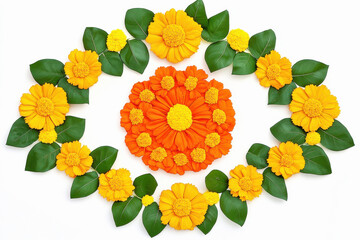 Sticker - marigold flowers and mango leaves rangoli designs on white background