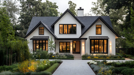 Canvas Print - Modern White House with Black Windows and a Stone Driveway - Photo