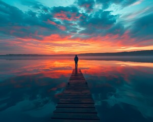 Sticker - Solitary Figure Standing on Pier at Colorful Sunrise or Sunset Reflection