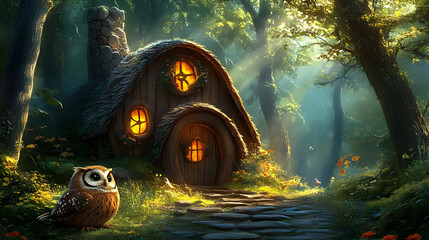 Wall Mural - Owl perched near a whimsical cottage in a sun-drenched forest.