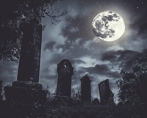 Creepy cemetery with tombstones and a full moon