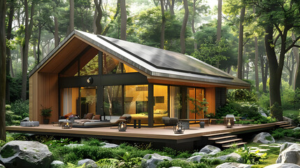 Canvas Print - Modern Cabin in the Woods 3D Illustration