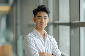 Wall Mural - Portrait of a young man with arms crossed, standing in front of a window