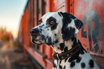 Canvas Print - A dalmatian dog sitting in front of a red train car