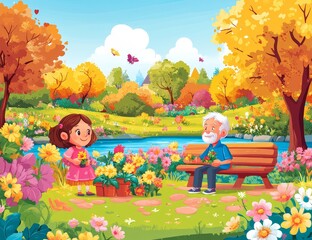 Wall Mural - Planting a flower in a garden is illustrated by two young people in a cartoon