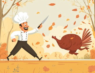 Wall Mural - The cartoon illustration shows a chef running to catch a turkey