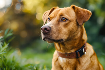 Poster - A brown dog sitting in the grass looking up at the camera