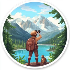 Wall Mural - In around frame, an adventurer boy and a monkey stand by the lake