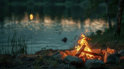 Wall Mural - A cozy campfire burns brightly by the lakeside at dusk, casting a warm glow over the tranquil water and surrounded by natural beauty.