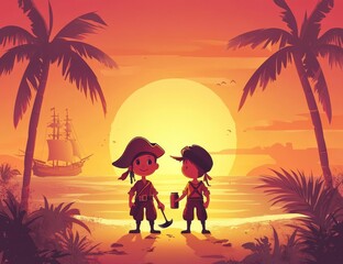 Wall Mural - Beach illustration featuring two pirate kids