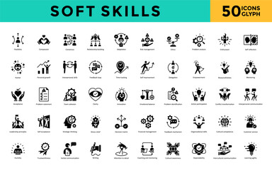 Sticker - Soft skills icon set with flexibility, compassion, consensus, relationship building, adaptation, risk management, ethics, problem, analysis, enthusiasm, self reflection icon. Simple glyph vector 
