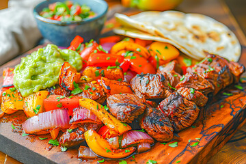 Wall Mural - Sizzling steak fajitas served with guacamole and pico de gallo