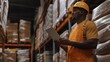 © VK Studio - A warehouse employee dressed in an orange helmet and apron engages with a tablet amidst towering shelves stacked with boxes in a dimly lit storage space.
