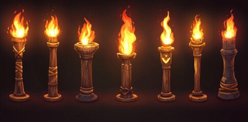 Canvas Print - A different shape torch is ready to use, burning in the fire and extinguishing in the smoke. Isolated cartoon illustration set of game user interface design assets depicting medieval light lanterns.