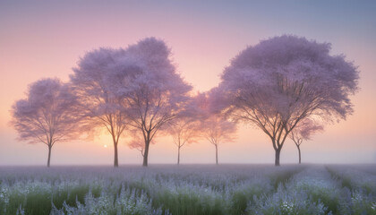 Wall Mural - misty morning sunrise with field and trees on background