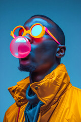 Canvas Print - A man in a yellow jacket blowing a bubblegum bubble.