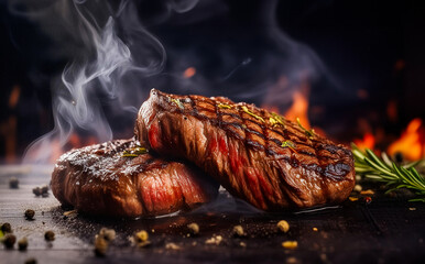 Steaks cooked on the grill and steaming