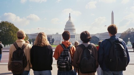 A group of five individuals with backpacks stands facing the Capitol Building under a clear sky, possibly on a trip or educational tour.