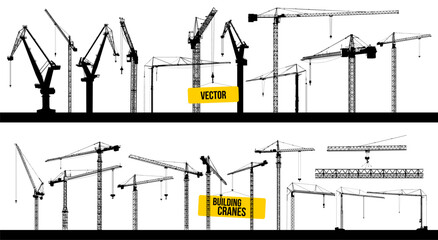 Set of tower construction crane. Silhouette black crane working building. Illustration with building cranes isolated on white background. Collection of vector line art. Elevating Construction Crane.