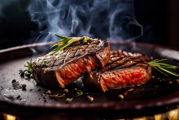 Wall Mural - Steaks cooked on the grill and steaming.