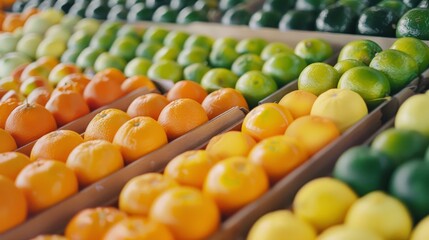 Sticker - Neatly arranged rows of colorful citrus fruits, including oranges, lemons, and limes, on display at a market, emphasizing order and freshness.