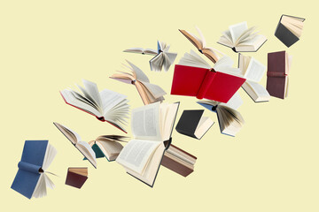 Poster - Many different books in air on light yellow background