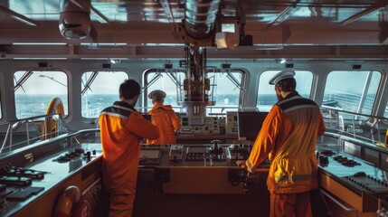 Wall Mural - Ship's crew in bright orange uniforms navigating within the control room, with large windows providing a clear view of the surrounding ocean.