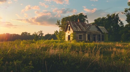 Poster - A picturesque abandoned house bathed in soft, warm sunlight sits silently amidst tall grass, under the expansive countryside sky during the serene golden hour.