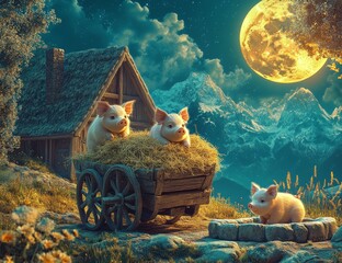 Wall Mural - A landscape of a farm at night with three little pigs on a cart