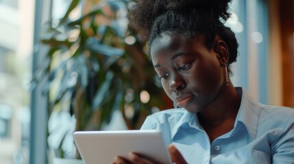 Sticker - Woman engrossed in tablet reading near sunlit window, with lush plant background, emphasizing concentration and a serene ambiance.