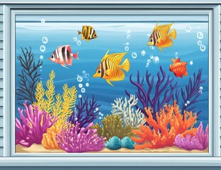 Sticker - An aquarium illustration featuring fish, algae, and corals