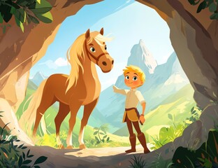 Canvas Print - An illustration of a prince and his horse at the entrance to a cave