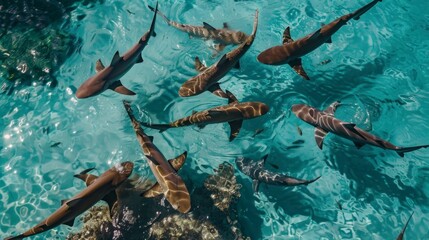 Wall Mural - Sharks Swimming in Crystal Clear Waters