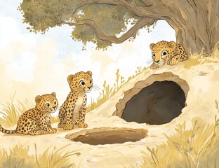 Wall Mural - An animated mother cheetah and her cub playing in nature